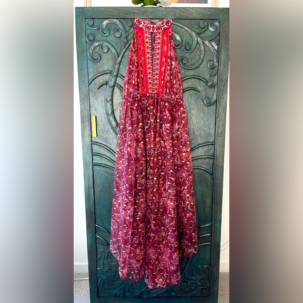 Free People Burgundy Floral Embroidered Boho Tunic